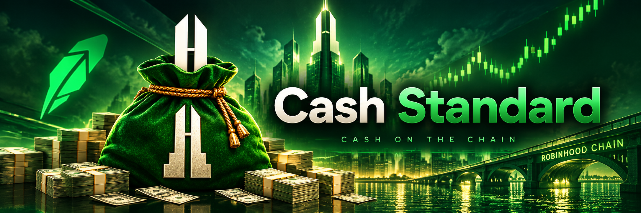 Cash Standard on Robinhood Chain: the emerald cash bag before a green city skyline, ticker tape, and the line cash on the chain.