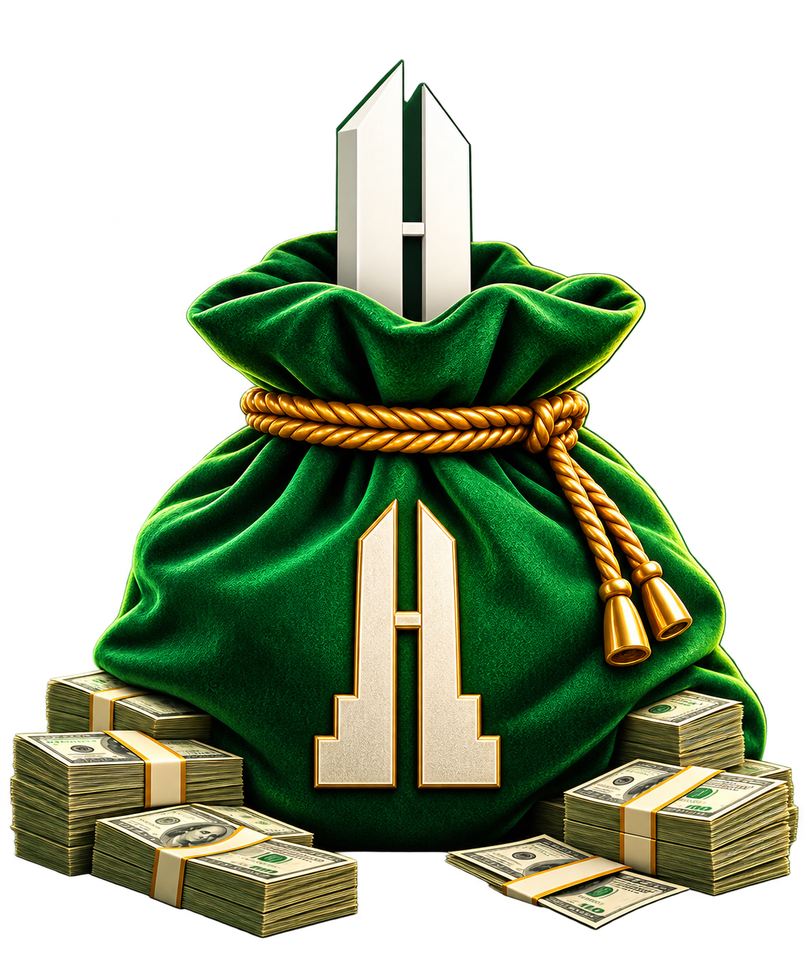 Emerald velvet cash bag cinched with gold rope, the white STANDARD tower rising from the top, surrounded by stacked bills.